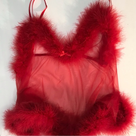Romantic Sheer Babydoll Feather Fuzzy Fur Trim Chemise Camisole Lingerie Top - Picture 2 of 6